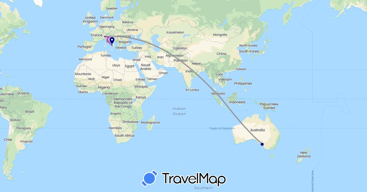 TravelMap itinerary: driving, bus, plane, train, hiking in Australia, Italy, Singapore, Vatican City (Asia, Europe, Oceania)